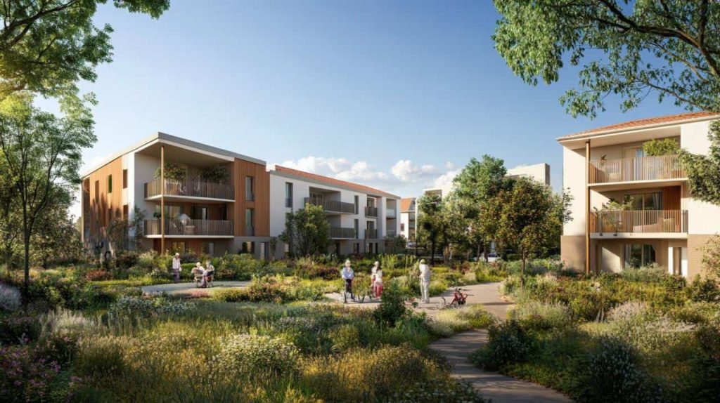Façade moderne d'une résidence sénior avec balcons, entourée d'un jardin paysager fleuri et de verdure