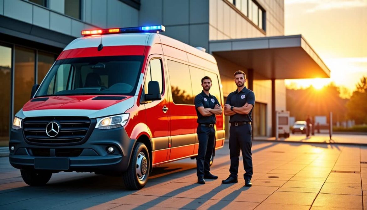 Une ambulance 91 de type Mercedes-Benz stationnée devant un centre hospitalier avec deux ambulanciers en uniforme au coucher du soleil.